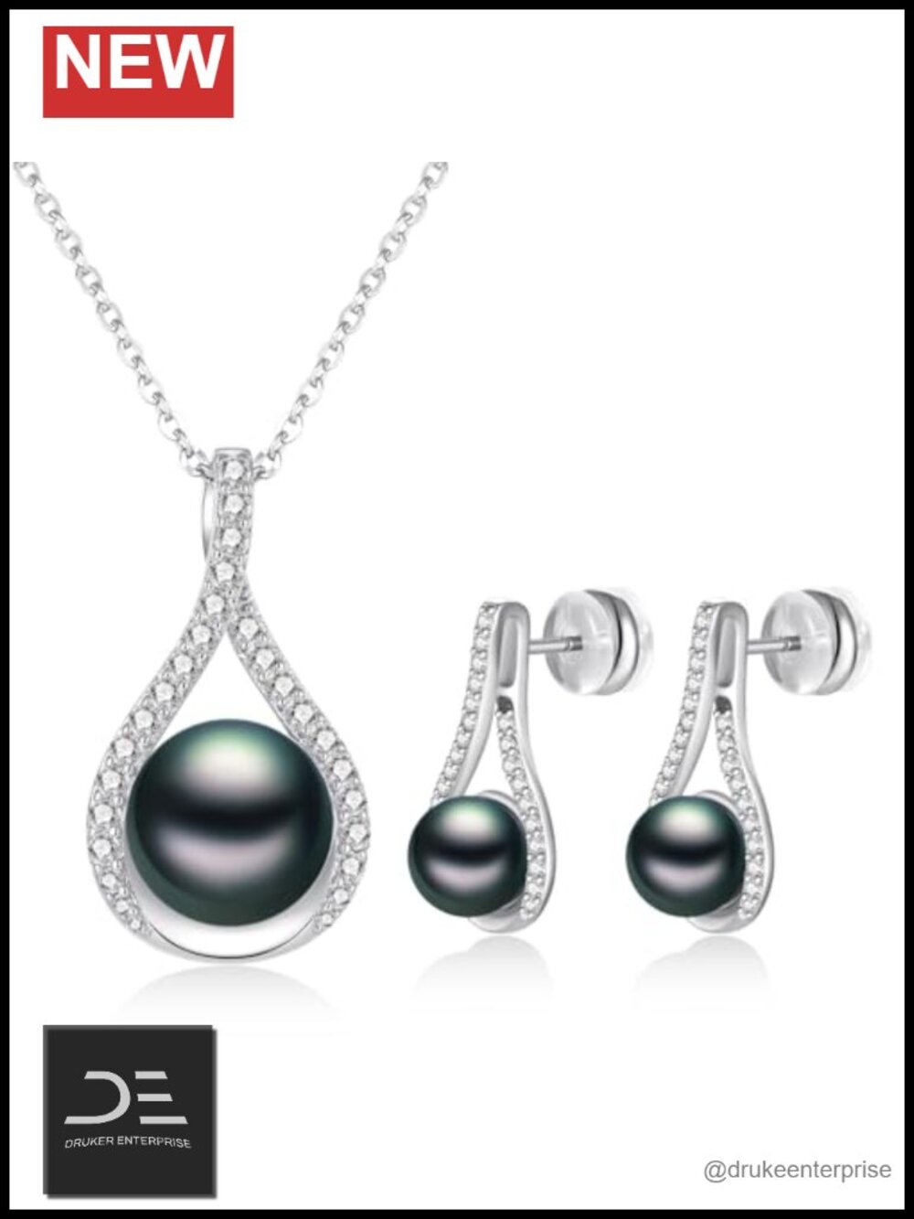 925 Sterling Silver Black & White Pearl Necklace & Earring Set Rhodium Plated